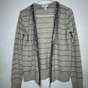 LOFT Gray Striped Cardigan with Silver Accents